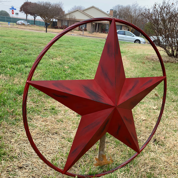 RED DISTRESSED STAR TWO TONE TEXTURE BARN STAR METAL LONESTAR TWISTED ROPE RING WESTERN HOME DECOR HANDMADE NEW