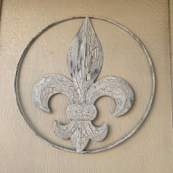 24",36" FLEUR DE LIS METAL CRACKLE WHITE WESTERN HOME DECOR HANDMADE WALL ART NEW