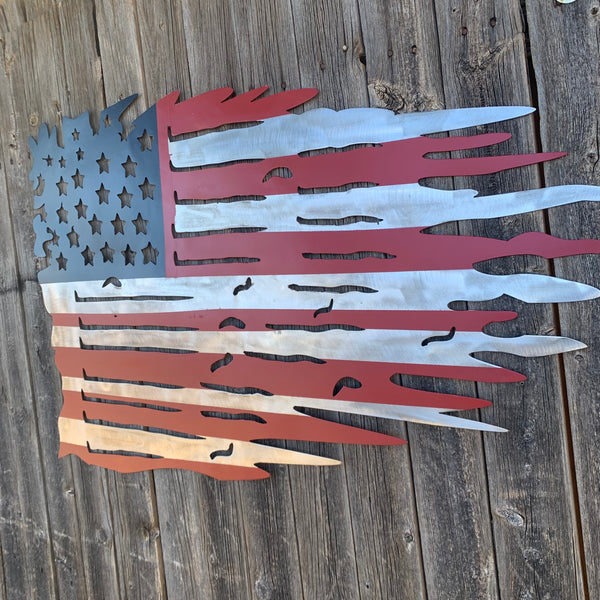 USA TATTERED AMERICAN FLAG METAL WALL ART WESTERN HOME DECOR HANDMADE NEW