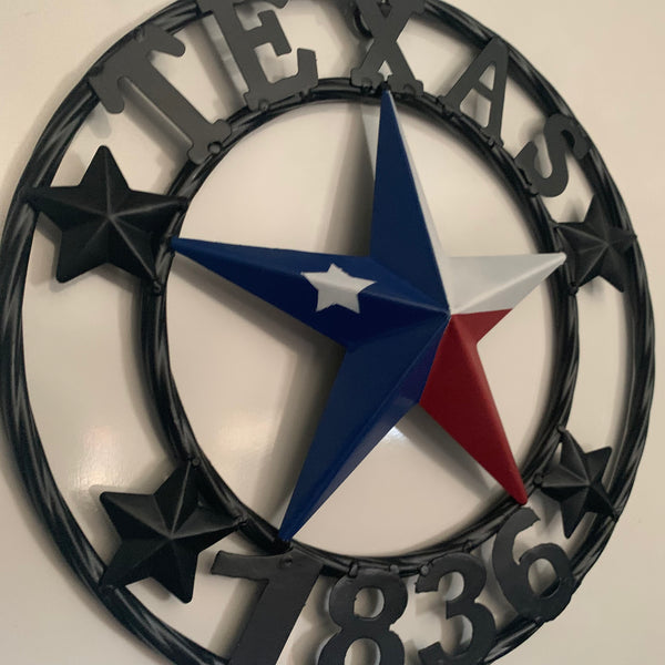 TEXAS FLAG STAR RED WHT BLUE STAR & BLACK RING METAL BARN LONE STAR WESTERN HOME DECOR HANDMADE NEW 12",18",24",36",50"