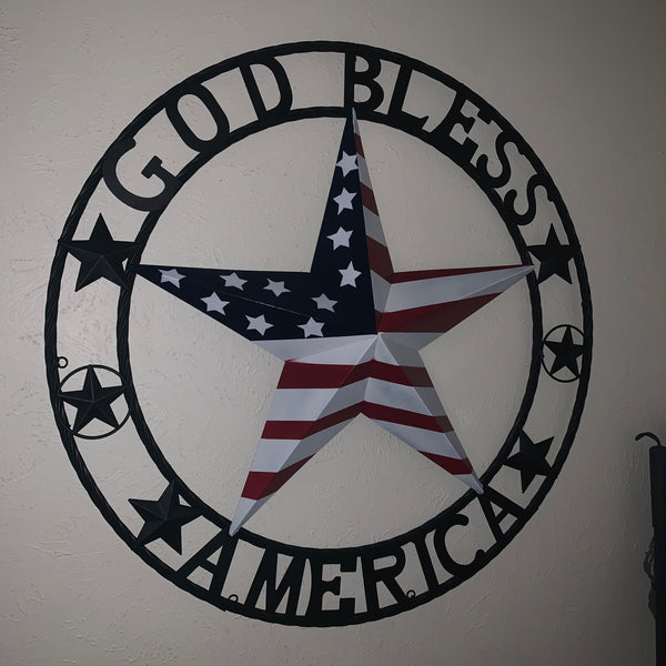 GOD BLESS AMERICA USA FLAG 3d STAR METAL BARN STAR LONE STAR TWISTED ROPE RING WALL ART WESTERN HOME DECOR RED WHITE & BLUE HANDMADE NEW #EH10490