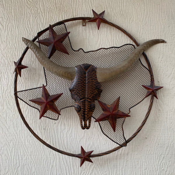24" LONGHORNS & STARS METAL WALL ART SCULPTURE WESTERN HOME DECOR HANDMADE NEW