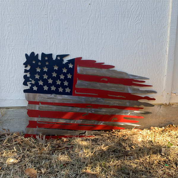 USA TATTERED AMERICAN FLAG METAL WALL ART WESTERN HOME DECOR HANDMADE NEW