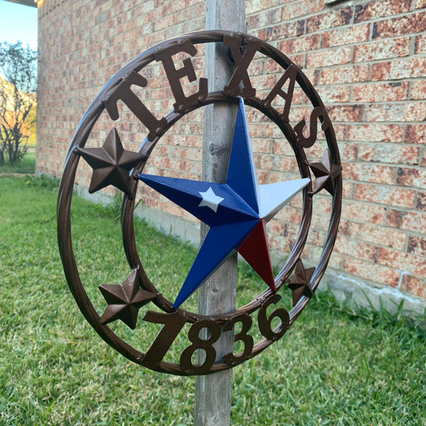 TEXAS FLAG STAR RED WHT BLUE STAR & BRONZE COPPER RING 1836 TEXAS METAL BARN LONE STAR WESTERN HOME DECOR HANDMADE NEW 12",18",24",32",36",50"