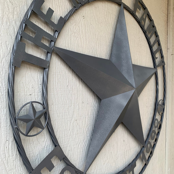 KENT STYLE CUSTOM STAR NAME BARN METAL STAR 3d TWISTED ROPE RING WESTERN HOME DECOR RUSTIC GREY SILVER HANDMADE 24",32",36",50"