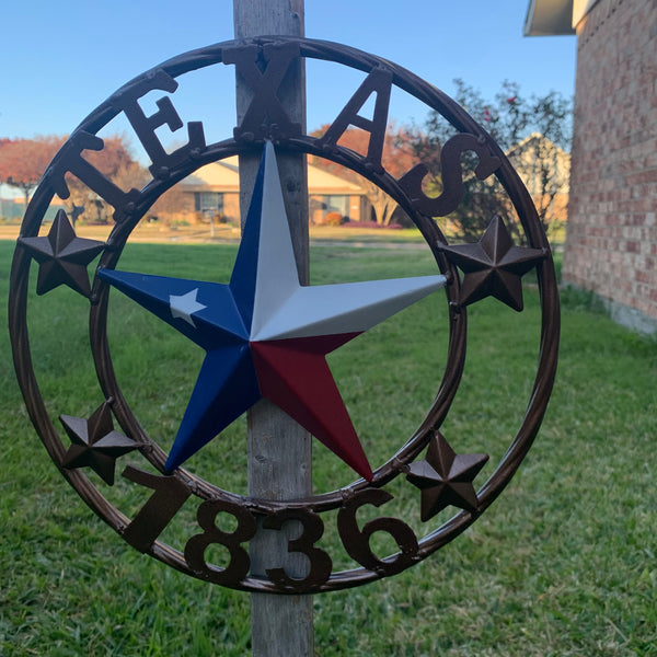 TEXAS FLAG STAR RED WHT BLUE STAR & BRONZE COPPER RING 1836 TEXAS METAL BARN LONE STAR WESTERN HOME DECOR HANDMADE NEW 12",18",24",32",36",50"