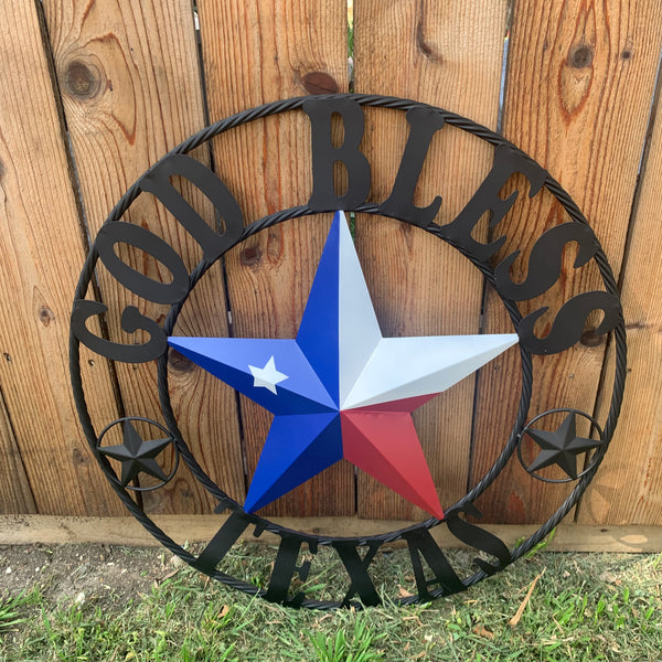 GOD BLESS TEXAS RED WHITE BLUE BARN METAL STAR BRONZE TWISTED ROPE RING WALL ART WESTERN HOME DECOR HANDMADE