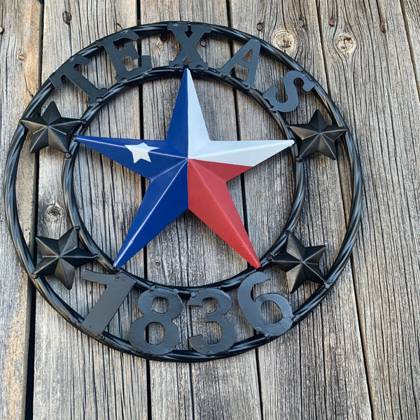 TEXAS FLAG STAR RED WHT BLUE STAR & BLACK RING METAL BARN LONE STAR WESTERN HOME DECOR HANDMADE NEW 12",18",24",36",50"