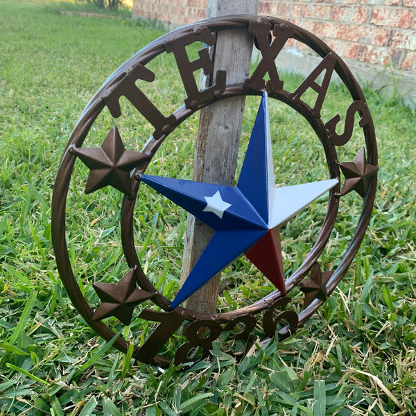 TEXAS FLAG STAR RED WHT BLUE STAR & BRONZE COPPER RING 1836 TEXAS METAL BARN LONE STAR WESTERN HOME DECOR HANDMADE NEW 12",18",24",32",36",50"