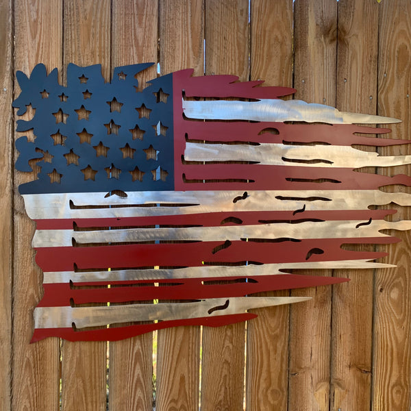 USA TATTERED AMERICAN FLAG METAL WALL ART WESTERN HOME DECOR HANDMADE NEW