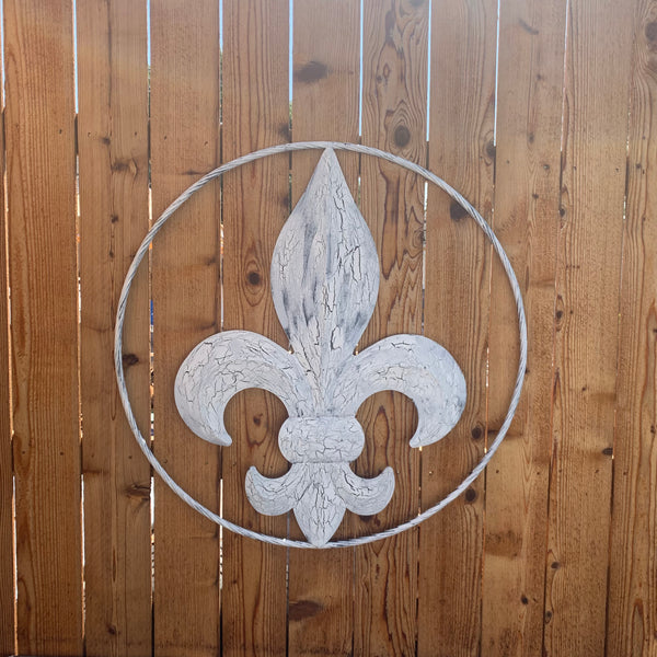 24",36" FLEUR DE LIS METAL CRACKLE WHITE WESTERN HOME DECOR HANDMADE WALL ART NEW