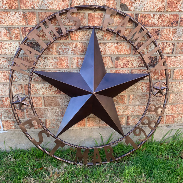 MATHIS STYLE CUSTOM NAME STAR BARN STAR 3d METAL LONESTAR TWISTED ROPE RING WESTERN HOME DECOR RUSTIC BRONZE COPPER HANDMADE 24",32",36",50"