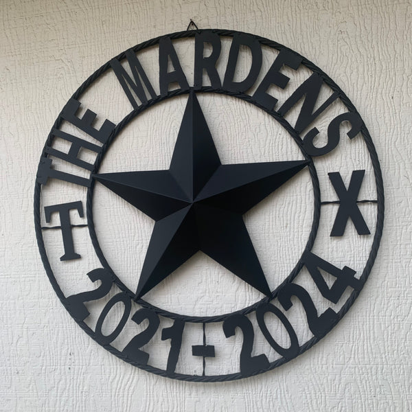 MARDENS STYLE CUSTOM NAME STAR BARN METAL STAR 3d TWISTED ROPE RING WESTERN HOME DECOR RUSTIC BLACK HANDMADE 24",32",36",50"