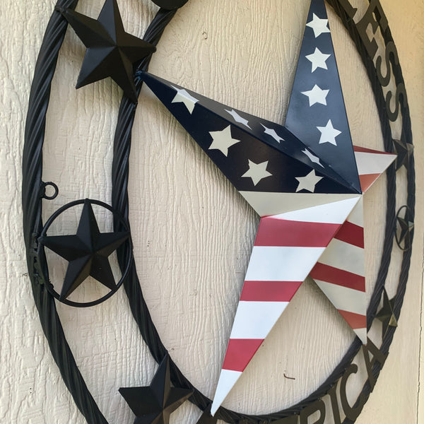 GOD BLESS AMERICA USA FLAG 3d STAR METAL BARN STAR LONE STAR TWISTED ROPE RING WALL ART WESTERN HOME DECOR RED WHITE & BLUE HANDMADE NEW #EH10490