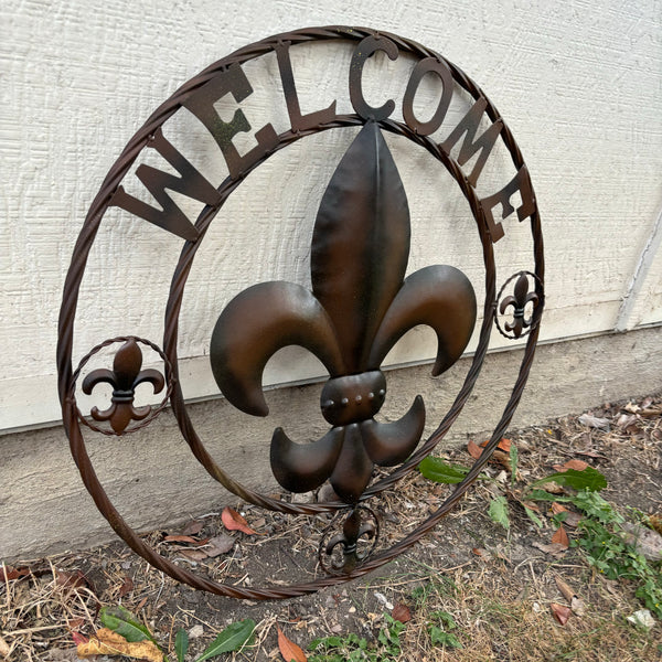 24" WELCOME FLEUR DE LIS METAL WALL ART WESTERN HOME DECOR BROWN NEW #EH11997