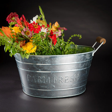 18" GALV. FARM FRESH WOOD HANDLE OVAL METAL TUB BUCKET WESTERN HOME DECOR NEW #EH12499