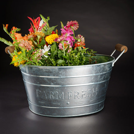18" GALV. FARM FRESH WOOD HANDLE OVAL METAL TUB BUCKET WESTERN HOME DECOR NEW #EH12499