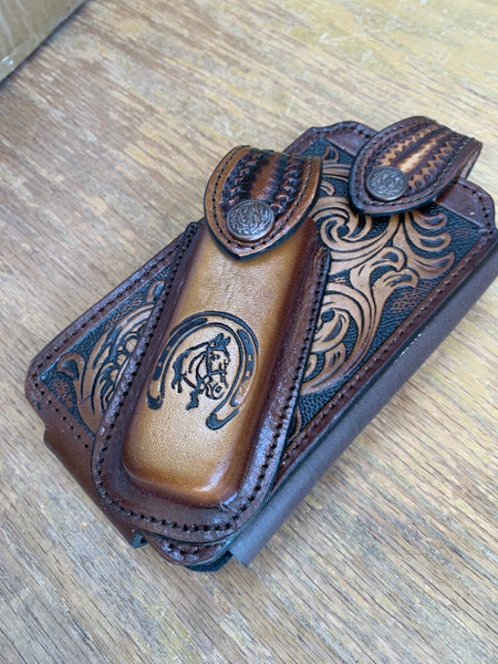 HORSESHOE LEATHER PHONE POUCH WITH KNIFE HOLDER FRONT EXTRA LARGE  BELT LOOP CELL PHONE CASE UNIVERSAL OVERSIZE #EH11715