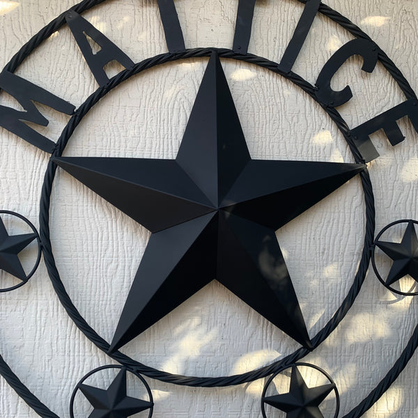 MATTICE STYLE BLACK STAR YOUR CUSTOM NAME BARN METAL STAR 3d TWISTED ROPE RING WESTERN HOME DECOR HANDMADE 24",32",36",50"