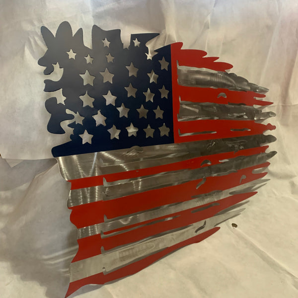 USA TATTERED AMERICAN FLAG METAL WALL ART WESTERN HOME DECOR HANDMADE NEW