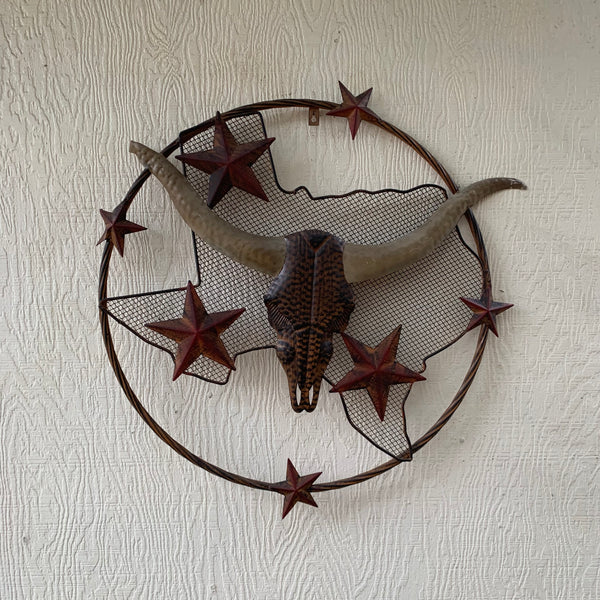 24" LONGHORNS & STARS METAL WALL ART SCULPTURE WESTERN HOME DECOR HANDMADE NEW