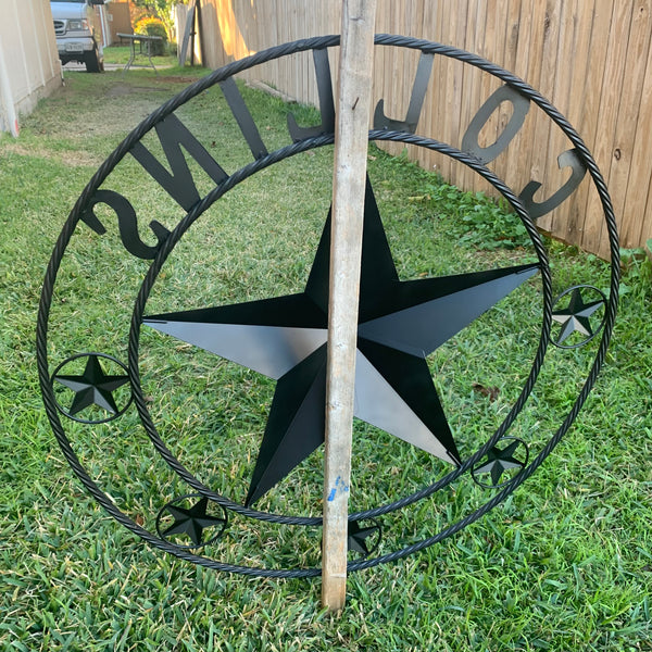 COLLINS STYLE CUSTOM STAR NAME BARN METAL STAR 3d TWISTED ROPE RING WESTERN HOME DECOR RUSTIC  BLACK HANDMADE 24",32",36",50"