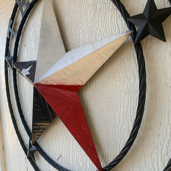 TEXAS LICENSE PLATE BARN STAR METAL LONE STAR TWISTED BLACK RING & LETTERS WESTERN HOME DECOR HANDMADE NEW