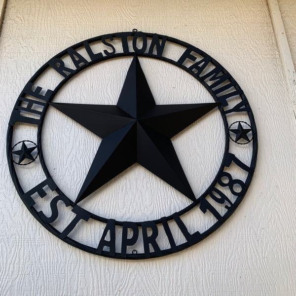 RALSTON FAMILY STYLE CUSTOM NAME STAR BARN METAL STAR 3d TWISTED ROPE RING WESTERN HOME DECOR RUSTIC BLACK HANDMADE 24",32",36",50"