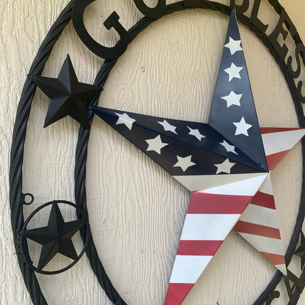 GOD BLESS AMERICA USA FLAG 3d STAR METAL BARN STAR LONE STAR TWISTED ROPE RING WALL ART WESTERN HOME DECOR RED WHITE & BLUE HANDMADE NEW #EH10490