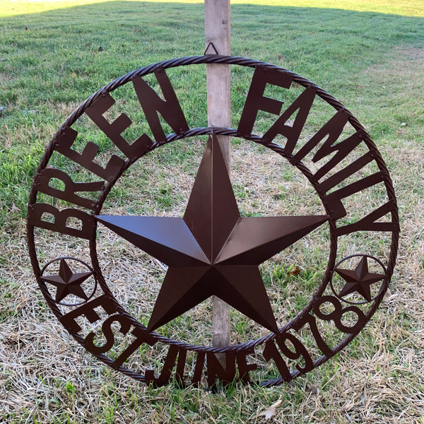 BREEN FAMILY STYLE CUSTOM NAME STAR BARN METAL STAR 3d TWISTED ROPE RING WESTERN HOME DECOR RUSTIC BROWN HANDMADE 24",32",36",50"