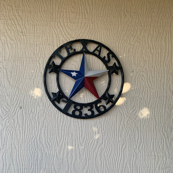 TEXAS FLAG STAR RED WHT BLUE STAR & BLACK RING METAL BARN LONE STAR WESTERN HOME DECOR HANDMADE NEW 12",18",24",36",50"