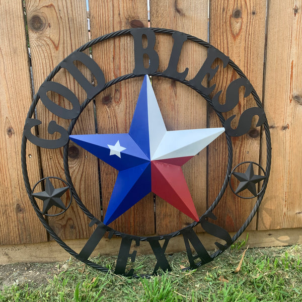 GOD BLESS TEXAS RED WHITE BLUE BARN METAL STAR BRONZE TWISTED ROPE RING WALL ART WESTERN HOME DECOR HANDMADE