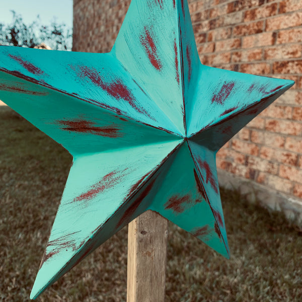 TURQUOISE DISTRESSED TWO TONE BARN STAR METAL ART WESTERN HOME DECOR HANDMADE NEW