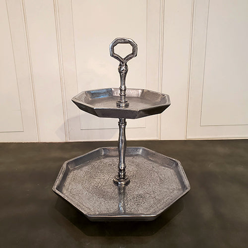 #IH_16124S SILVER 2-TIER OCTAGON STAND 14" WESTERN HOME DECOR HANDMADE BRAND NEW
