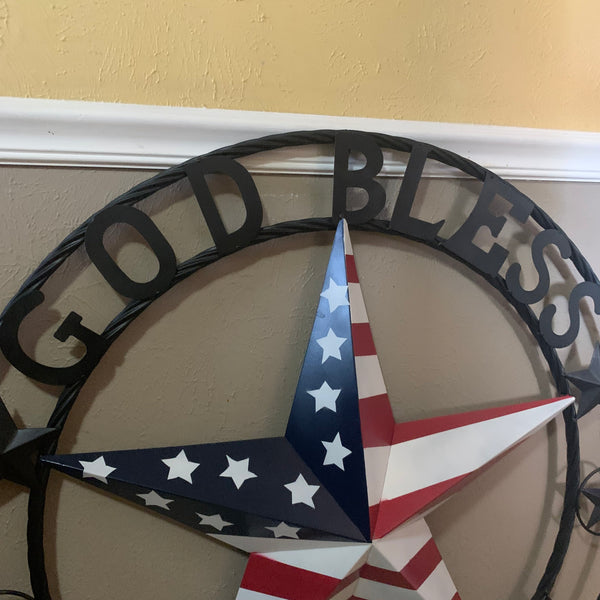 GOD BLESS AMERICA USA FLAG 3d STAR METAL BARN STAR LONE STAR TWISTED ROPE RING WALL ART WESTERN HOME DECOR RED WHITE & BLUE HANDMADE NEW #EH10490