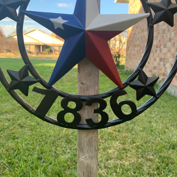 TEXAS FLAG STAR RED WHT BLUE STAR & BLACK RING METAL BARN LONE STAR WESTERN HOME DECOR HANDMADE NEW 12",18",24",36",50"