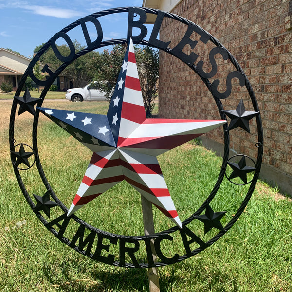 GOD BLESS AMERICA USA FLAG 3d STAR METAL BARN STAR LONE STAR TWISTED ROPE RING WALL ART WESTERN HOME DECOR RED WHITE & BLUE HANDMADE NEW #EH10490