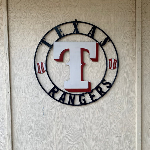 TEXAS RANGERS CUSTOM METAL VINTAGE CRAFT TEAM SIGN WHITE & RED & NAVY BLUE RING HANDMADE