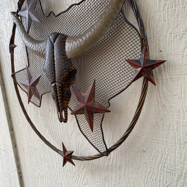 24" LONGHORNS & STARS METAL WALL ART SCULPTURE WESTERN HOME DECOR HANDMADE NEW