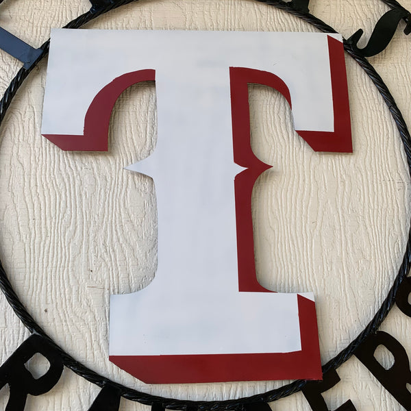 TEXAS RANGERS CUSTOM METAL VINTAGE CRAFT TEAM SIGN WHITE & RED WITH BLACK RING HANDMADE