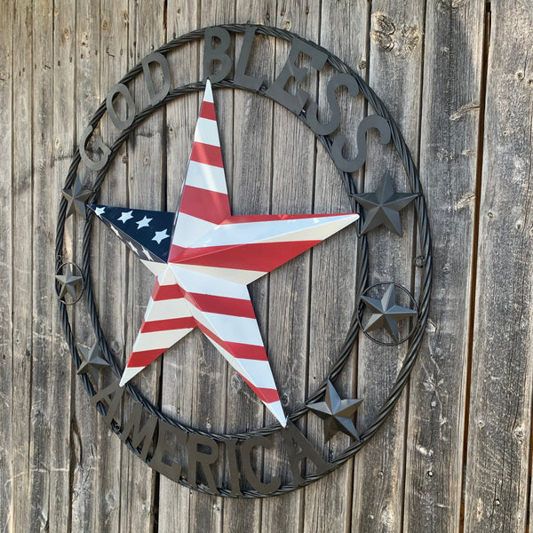 GOD BLESS AMERICA USA FLAG 3d STAR METAL BARN STAR LONE STAR TWISTED ROPE RING WALL ART WESTERN HOME DECOR RED WHITE & BLUE HANDMADE NEW #EH10490