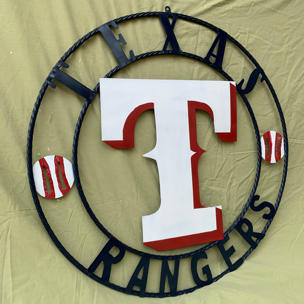 TEXAS RANGERS CUSTOM METAL VINTAGE CRAFT TEAM SIGN WHITE & RED & NAVY BLUE RING HANDMADE