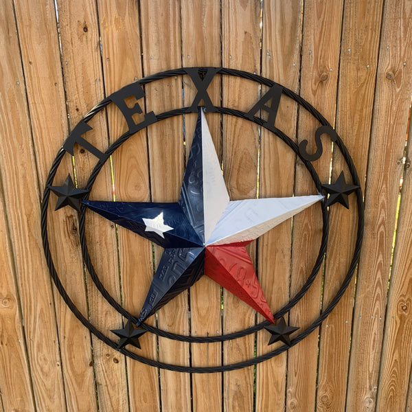 TEXAS LICENSE PLATE BARN STAR METAL LONE STAR TWISTED BLACK RING & LETTERS WESTERN HOME DECOR HANDMADE NEW