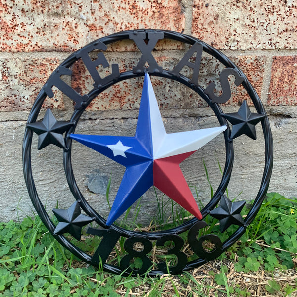 TEXAS FLAG STAR RED WHT BLUE STAR & BLACK RING METAL BARN LONE STAR WESTERN HOME DECOR HANDMADE NEW 12",18",24",36",50"