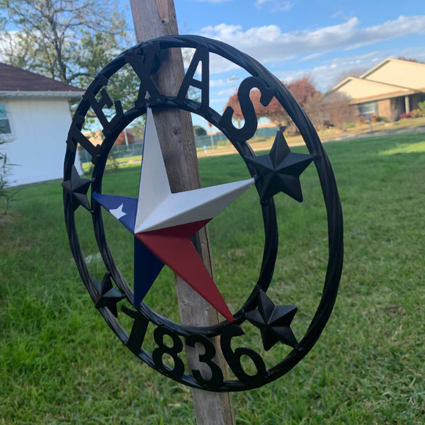 TEXAS FLAG STAR RED WHT BLUE STAR & BLACK RING METAL BARN LONE STAR WESTERN HOME DECOR HANDMADE NEW 12",18",24",36",50"