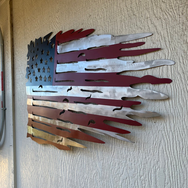 USA TATTERED AMERICAN FLAG METAL WALL ART WESTERN HOME DECOR HANDMADE NEW