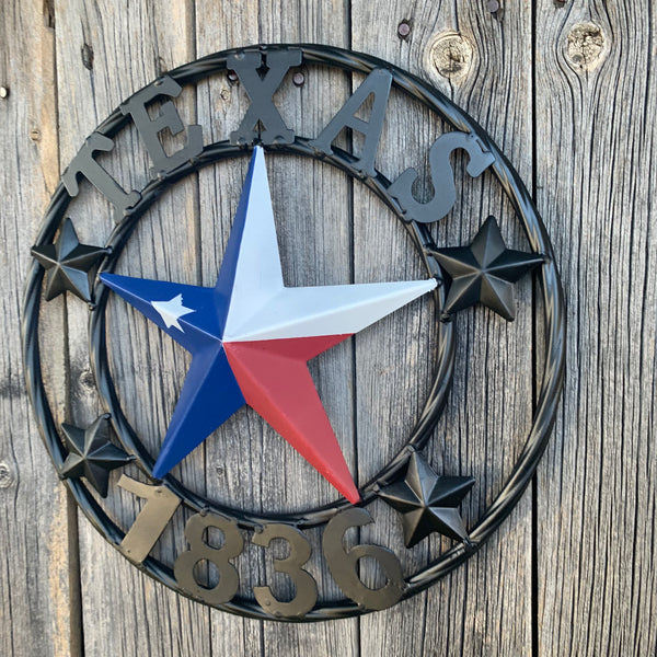 TEXAS FLAG STAR RED WHT BLUE STAR & BLACK RING METAL BARN LONE STAR WESTERN HOME DECOR HANDMADE NEW 12",18",24",36",50"