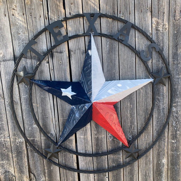 TEXAS LICENSE PLATE BARN STAR METAL LONE STAR TWISTED BLACK RING & LETTERS WESTERN HOME DECOR HANDMADE NEW