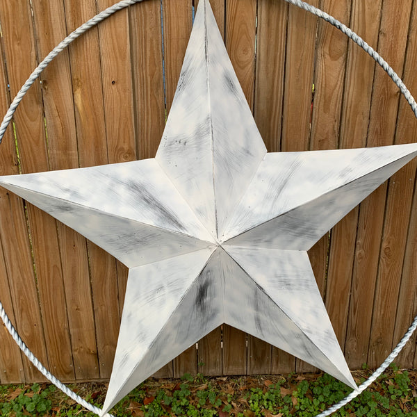 5 FOOT WHITE DISTRESSED STAR TWO TONE TEXTURE BARN STAR METAL LONESTAR TWISTED ROPE RING WESTERN HOME DECOR HANDMADE NEW