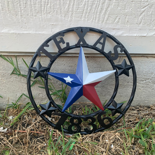 TEXAS FLAG STAR RED WHT BLUE STAR & BLACK RING METAL BARN LONE STAR WESTERN HOME DECOR HANDMADE NEW 12",18",24",36",50"